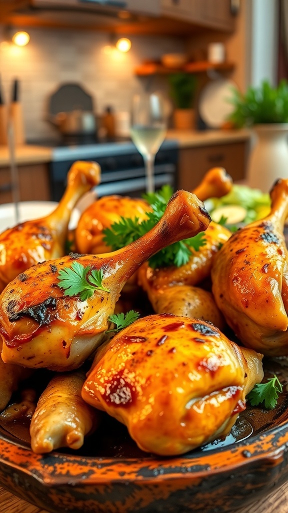 Oven-baked chicken thighs and drumsticks, golden brown and garnished with parsley, on a rustic platter.